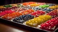 AI generated illustration of a colorful selection of jelly beans arranged on a wooden background