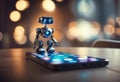 a toy robot on top of an open cell phone on a table