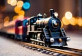 AI generated illustration of a colorful toy train against bokeh lights Royalty Free Stock Photo