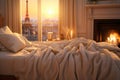Comfortable cozy bed with soft pillows and blanket in room at sunset in Paris