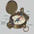 AI-generated illustration of a compass with labeled components featuring Royalty Free Stock Photo