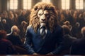 AI generated illustration of a confident lion wearing a smart suit in a grand courtroom