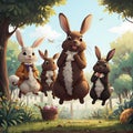 AI generated illustration consisting of rabbits jumping high in a green landscape