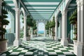 AI generated illustration of a contemporary art deco styled hallway with green and white walls