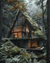AI generated illustration of a contemporary cabin nestled among trees and rocks in a forest setting