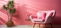 AI generated illustration of a contemporary corner of a room with a pink armchair and a potted plant