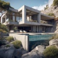 AI-generated illustration of a contemporary house on the rocky slope of a mountain with greenery.