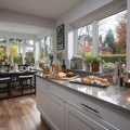 a kitchen counter that has a couple of trays on it