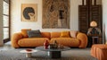 AI generated illustration of a living room with coordinated orange sofas and coffee tables Royalty Free Stock Photo
