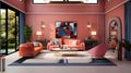 AI generated illustration of a contemporary living room features two plush pink sofas