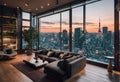 AI generated illustration of a contemporary urban living room with cityscape view Royalty Free Stock Photo