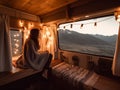 AI generated illustration of A content individual sits in a comfortable campervan
