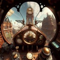 AI generated illustration of the control panel of a steampunk aircraft