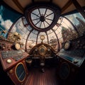 AI generated illustration of the control panel of a steampunk aircraft