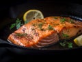 AI generated illustration of a cooked piece of salmon served with a lemon and parsley garnish