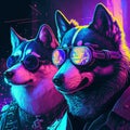 AI generated illustration of cool cyberpunk wolves with goggles under fluorescent lights