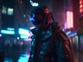 AI generated illustration of a cool futuristic cyborg character in a dystopian city