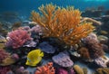 AI generated illustration of coral and fish gracefully glide amidst seaweeds and aquatic elements Royalty Free Stock Photo