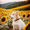 AI generated illustration of a corgi sitting in a field of sunflowers at sunset Royalty Free Stock Photo