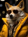 AI generated illustration of a corgi wearing a jacket and sunglasses