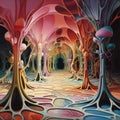 AI generated illustration of a corridor which contains lots of colourful mushroom ethereal trees