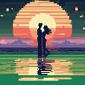 AI-generated illustration of a couple against the background of a sunset, pixel art style
