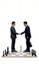 AI generated illustration of a couple of businessmen handshaking with a chess piece on the background