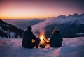 AI generated illustration of a couple enjoy a sunset around a warm campfire atop a snowy hill