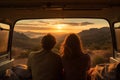 AI generated illustration of a couple enjoying the sunrise as they gaze out the van& x27;s window