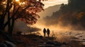 AI generated illustration of a couple walking along a river on a foggy day at sunset Royalty Free Stock Photo