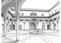 AI-generated illustration of a courtyard resembling Andalusian architecture. Features include a Royalty Free Stock Photo