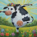 AI generated illustration of a cow dancing in the middle of a green meadow