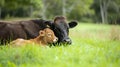 AI-generated illustration of a cow with its calf resting in a grassy field Royalty Free Stock Photo