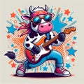 AI generated illustration of a cow performing with a guitar on a dance floor