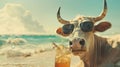 a cow is laying down in the sand by the ocean Royalty Free Stock Photo