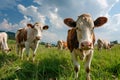 a group of cows stand in a field with clouds above Royalty Free Stock Photo