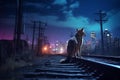 A coyote perched atop a metal railroad track looking across a cityscape illuminated by the moonlight