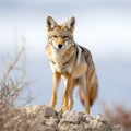 AI generated illustration of a coyote perched atop a rocky outcrop, gazing directly at the camera