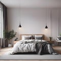 This cozy bedroom is filled with a neutral grey and white colour palette Royalty Free Stock Photo