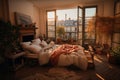 Cozy bedroom interior with a large window and a view on Paris in the morning