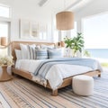 AI generated illustration of a cozy bedroom with a neatly made bed featuring crisp white sheets Royalty Free Stock Photo