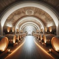 a room that has some wine barrels in it and some candles on the floor