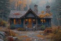 AI generated illustration of a cozy forest cottage with abundant windows