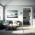 AI generated illustration of a cozy gray sofa in a modern living room with wooden floor