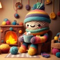 AI generated illustration of a cozy home scene with an adorable handmade crochet stuffed toy