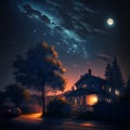 AI generated illustration of a cozy house under a magical starry sky at night