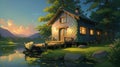 AI generated illustration of a cozy lakeside cabin nestled in serene woodland as the sun sets Royalty Free Stock Photo