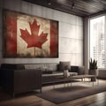 AI generated illustration of a cozy living room with a beige couch and wall art of the Canadian flag