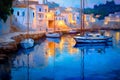 AI generated illustration of a cozy Mediterranean harbor at night, illuminated by warm lights