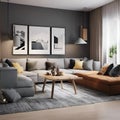 AI generated illustration of cozy living room features framed pictures and a large comfortable couch